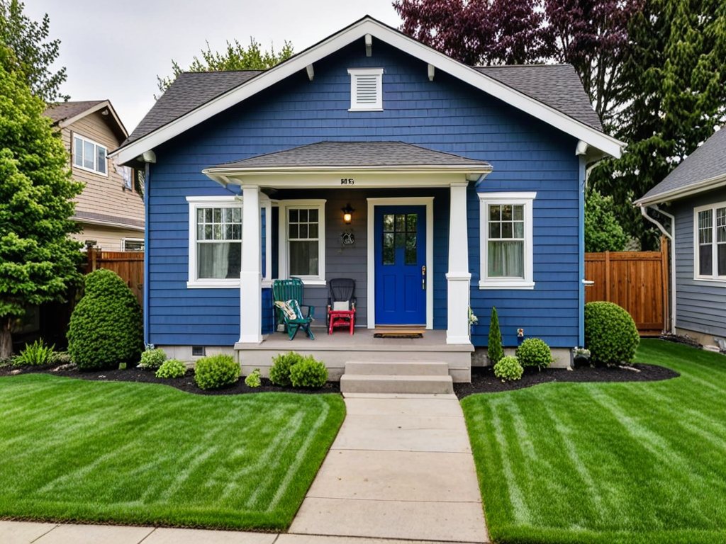 A small craftsman house with a blue front door and a green lawn, by day