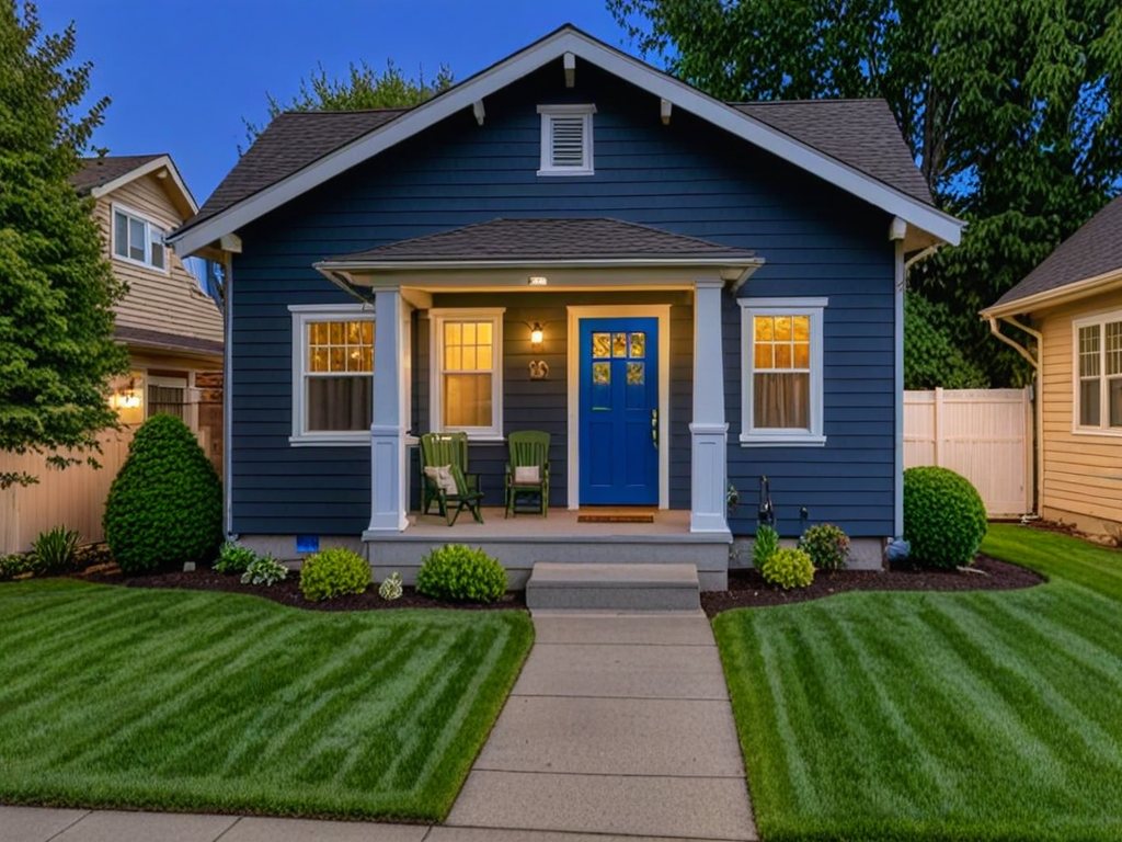 The same house at dusk, windows glowing