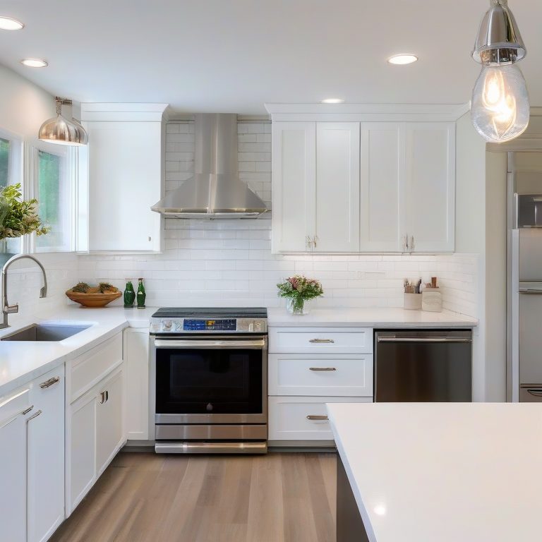 The planned kitchen: white shaker cabinets, an island with pendant lights, a slide-in range under a chimney hood