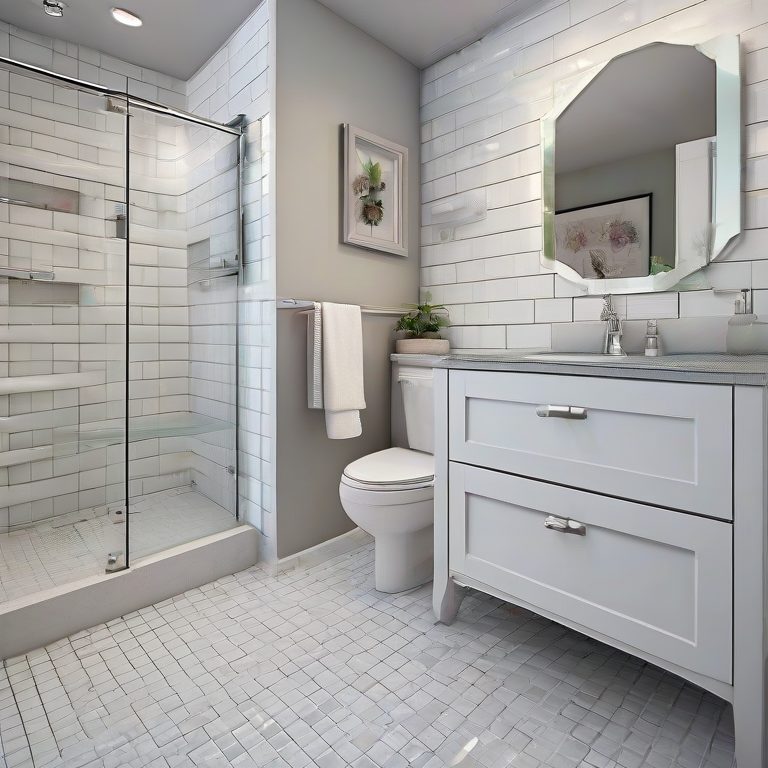 The planned bathroom: a walk-in shower behind one glass panel, white subway tile, a white vanity