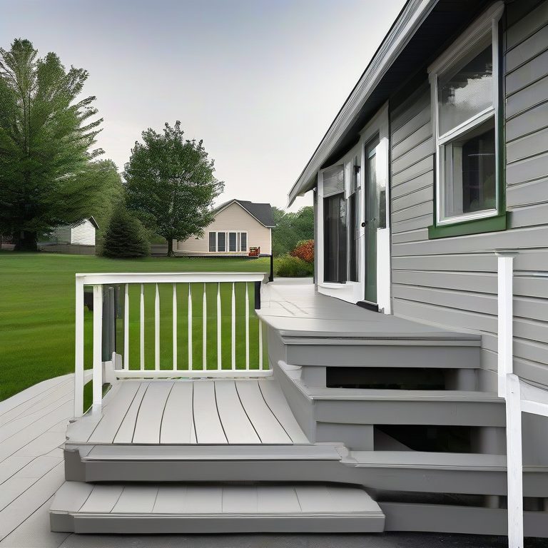 The planned deck: gray composite boards, white railing, steps down to the lawn